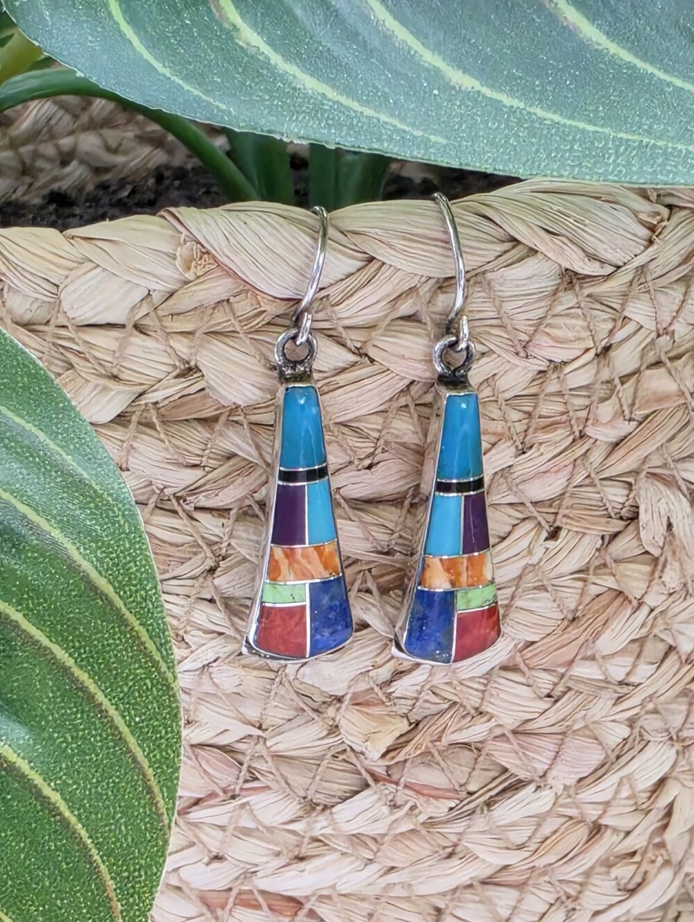 Southwestern Style Multi Stone Inlay Sterling Silver Drop Earrings